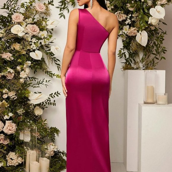 One Shoulder Twist Front Split Thigh Satin  Dress Pink formal Bridesmaid - Picture 2 of 5